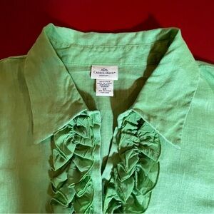Carroll Reed Linen Ruffle Blouse 2X Green Sleeveless Button Front Top vacation